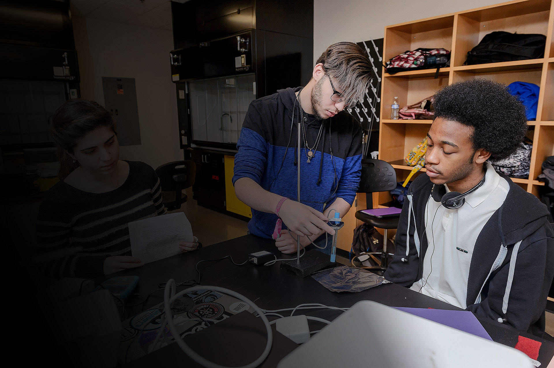 Chemistry Labs in the new Science Building featuring Iriarte-Gross classroom, Wang Lab,Handy Lab, and Chusuei Lab.

Freshman Samuel Tasser, left, Emilya Mailynn, and D'Andre Bradley, right, working in Judith Iriarte-Gross' Honors Chemistry Class.
